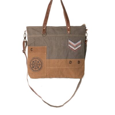 Borsa shopper in tela riciclata color cachi 'Stripes'