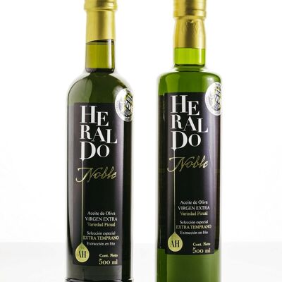 Huile d'olive extra vierge Heraldo Noble, flacon de 500 ml. Foncé