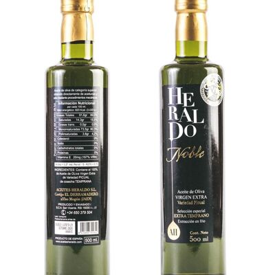 Huile d'olive extra vierge Heraldo Noble. Flacon de 500 ml. Transparent