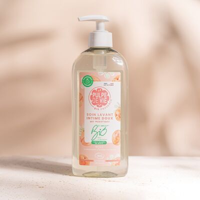 Soin lavant Intime Doux à l'eau d'Abricot 400 ml, cosmétique antigaspi bio, format recharge, Upcycling, NUDE, formule naturelle