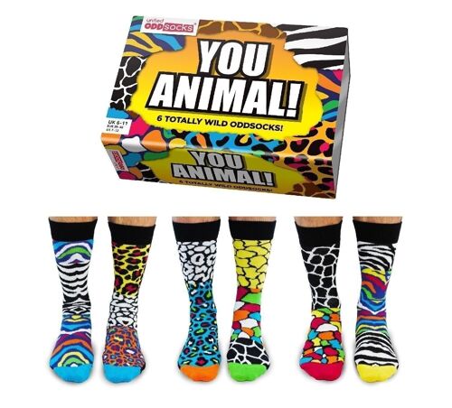 YOU ANIMAL! | 6 Odd Socks Adult Gift Box - United Oddsocks| UK 6-11, EUR 39-46, US 6.5-11.5