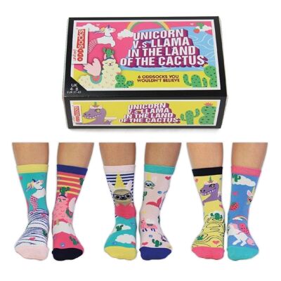 UNICORNIO VS LLAMA EN LA TIERRA DE LOS CACTUS | Caja de regalo para adultos de 6 calcetines Odd - United Oddsocks| Reino Unido 4-8, EUR 37-42, EE. UU. 6.5-10.5