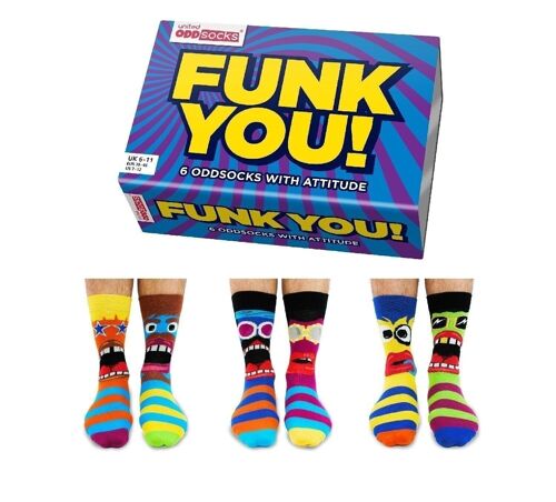 FUNK YOU! | 6 Odd Socks Adult Gift Box - United Oddsocks| UK 6-11, EUR 39-46, US 6.5-11.5