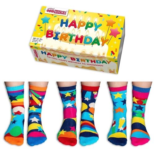 HAPPY BIRTHDAY | 6 Odd Socks Kids Gift Box - United Oddsocks| UK 12.5-6, EUR 30.5-38.5, US 13.5-8