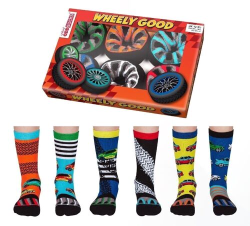 WHEELY GOOD | 6 Odd Socks Kids Gift Box - United Oddsocks| UK: 12-5½ EUR: 30½-38½ US: 13½-8