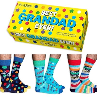 BESTE GRANDAD EVER GESCHENKBOX – 3 passende Paar Socken |Cockney Spaniel| UK 6-11, EUR 39-46, US 6.5-11.5