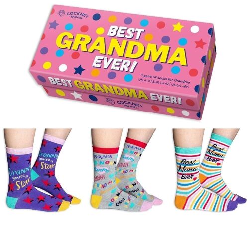 BEST GRANDMA EVER GIFT BOX - 3 Matching Pairs of Socks |Cockney Spaniel| UK 4-8, EUR 37-42, US 6.5 -10.5