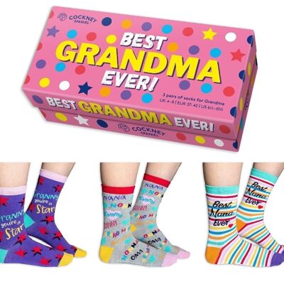 Geschenkbox „Beste Oma aller Zeiten“ – 3 passende Paar Socken | Cockney Spaniel | UK 4-8, EUR 37-42, US 6.5 -10.5