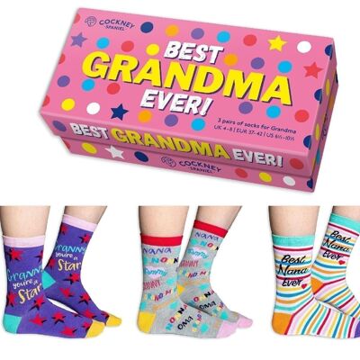 Geschenkbox „Beste Oma aller Zeiten“ – 3 passende Paar Socken | Cockney Spaniel | UK 4-8, EUR 37-42, US 6.5 -10.5