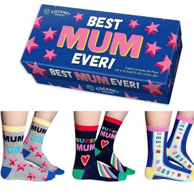 BEST MUM EVER GIFT BOX- 3 Matching Pairs of Socks |Cockney Spaniel| UK 4-8, EUR 37-42, US 6.5 -10.5