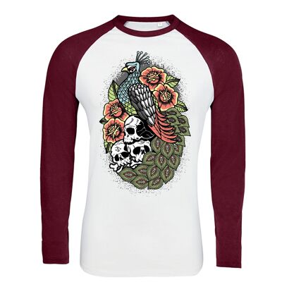 Peacock Longsleeve Woman’s Fitted T-Shirt - Front print Burgundy