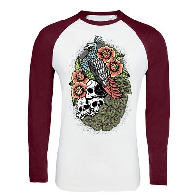 Peacock Raglan Longsleeve T-Shirt - Front print Burgundy