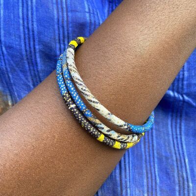 Bracciali in cera africana blu/giallo/ecru/dorato