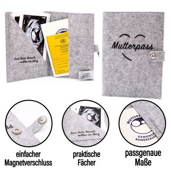 Housse de carte de maternité - feutre - pour la carte de maternité allemande avec compartiments pour image échographique, carte de maternité, carte de vaccination et carte d'assurance - gris clair 4