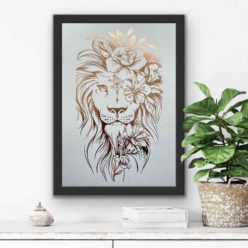 Lion Print Foil Print White/Rose Gold A4 No Frame