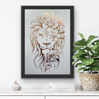 Lion Print Foil Print White/Rose Gold A4 No Frame