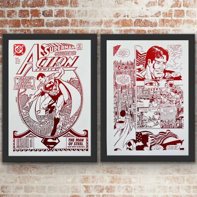 Set of 2 Superman Comic Cover & Comic Strip Foil Prints A5 Unframed