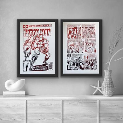 Set of 2, Iron Man Comic Cover & Comic Strip Foil Prints A4 No Frame