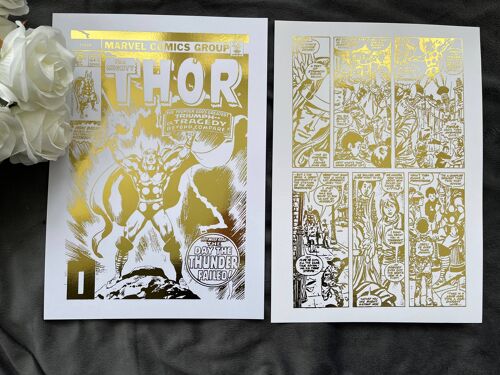 Set of 2, Thor Comic Cover & Comic Strip Foil Prints A5 No Frame