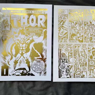 Set of 2, Thor Comic Cover & Comic Strip Foil Prints A5 No Frame