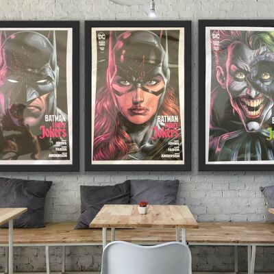 Juego de 3 impresiones de etiquetas negras de Joker, Batman, Catwoman A1 sin marco