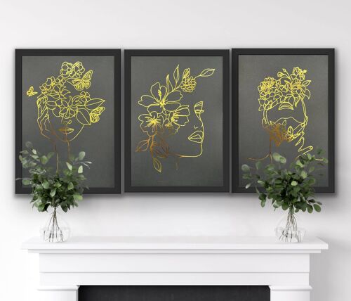 Set of 3, One Line Face Foil Prints Black/Gold A5 No Frame