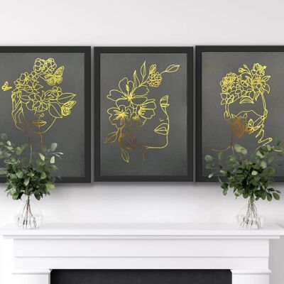 Set of 3, One Line Face Foil Prints Black/Gold A5 No Frame