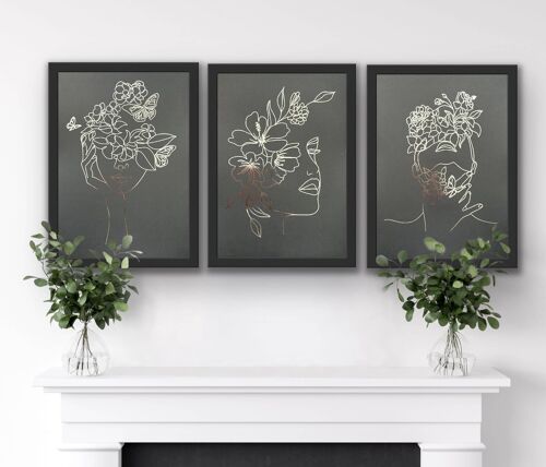 Set of 3, One Line Face Foil Prints Black/Silver A4 No Frame