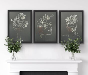 Lot de 3, One Line Face Foil Prints Noir/Argent A4 Sans Cadre 1