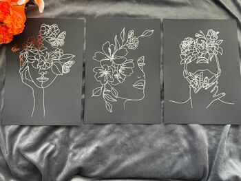 Lot de 3, One Line Face Foil Prints Noir/Argent A4 Sans Cadre 2