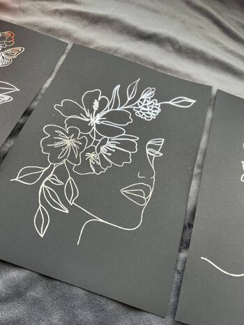 Lot de 3, One Line Face Foil Prints Noir/Argent A4 Sans Cadre 4