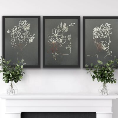 Set of 3, One Line Face Foil Prints Black/Silver A5 No Frame