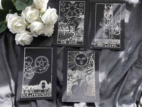 Set of 4, Tarot Card Foil Prints Black A5 No Frame Silver