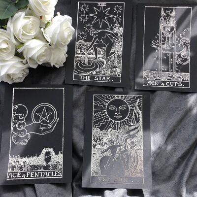 Lot de 4, Tarot Card Foil Prints Noir A5 No Frame Silver