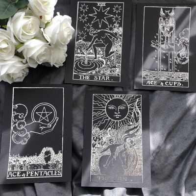 Set of 4, Tarot Card Foil Prints Black A5 No Frame Silver