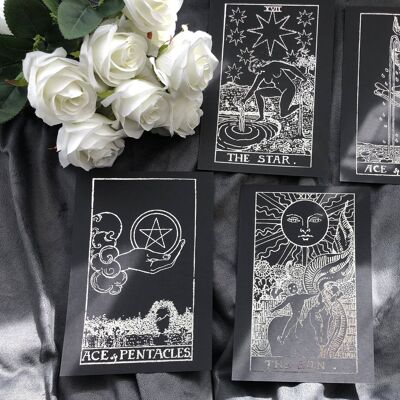 Juego de 4, Tarot Card Foil Prints Negro A4 Sin marco Plata