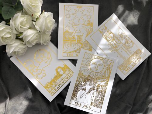 Set of 4, Tarot Card Foil Prints White A5 No Frame Gold