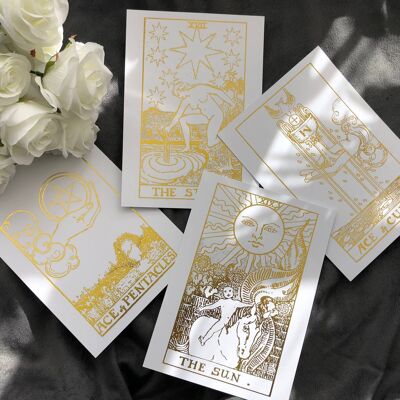 Set of 4, Tarot Card Foil Prints White A5 No Frame Gold
