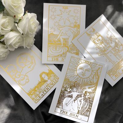 Juego de 4, Tarot Card Foil Prints Blanco A4 Sin marco Dorado