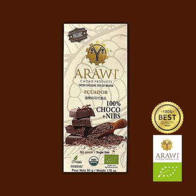 Tablette de chocolat BIO 100% + nibs Arawi