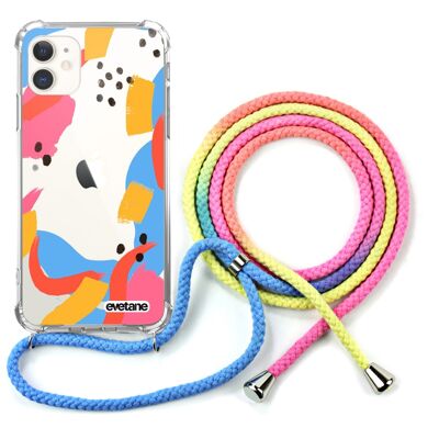 Coque iPhone 11 anti-choc silicone avec cordon arc-en-ciel- Motifs Géométriques