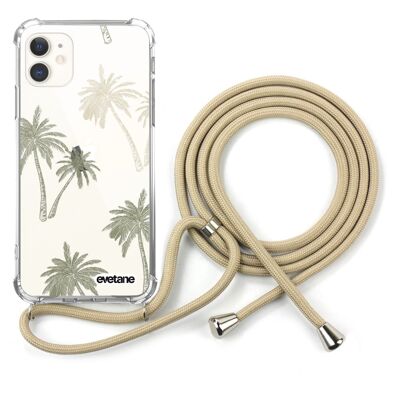 Shockproof iPhone 11 silicone case with beige cord - Palm trees