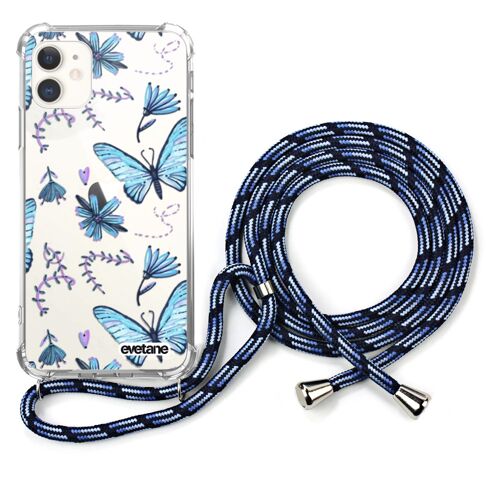 Coque iPhone 11 anti-choc silicone avec cordon bleu - Papillons