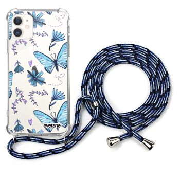 Coque iPhone 11 anti-choc silicone avec cordon bleu - Papillons 1