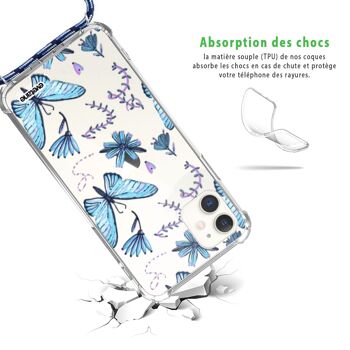 Coque iPhone 11 anti-choc silicone avec cordon bleu - Papillons 2