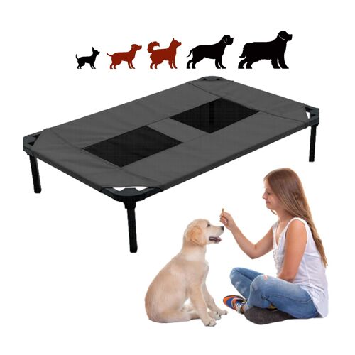 Lit Surélevé pour Chien | Robuste Confortable Respirant - Pieds Amovibles Cadre en Acier | Intérieur Extérieur - Lucky Dog (L 88cm x l 58 cm x H 19 cm, Gris)