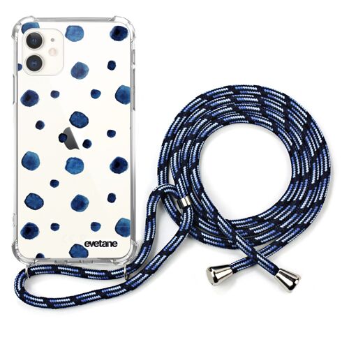 Coque iPhone 11 anti-choc silicone avec cordon bleu - Pois
