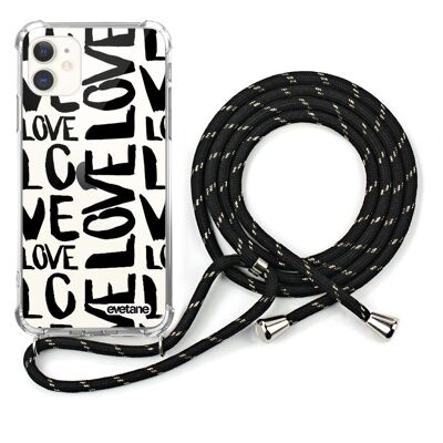 Coque iPhone 11 anti-choc silicone avec cordon noir- Love