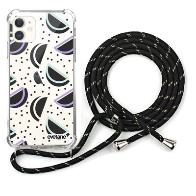 Shockproof iPhone 11 silicone case with black cord - Watermelons