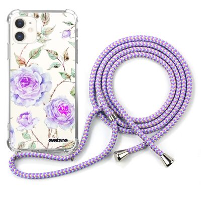 Shockproof iPhone 11 silicone case with purple cord - Flowers